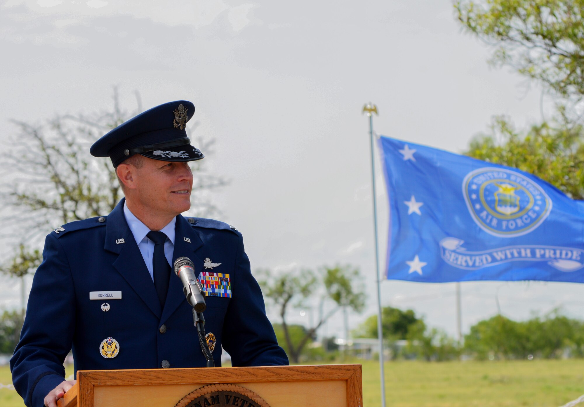 U.S. Air Force Col. Jeffrey Sorrell, 17th Training Wing Vice Commander, speaks at a re-dedication ceremony as part of Memorial Day at the San Angelo Regional Airport, Texas, May 29, 2017. The ceremony had guest speakers from Goodfellow Air Force Base, San Angelo Community and Vietnam Veterans of America. (U.S. Air Force photo/Robert D. Martinez)