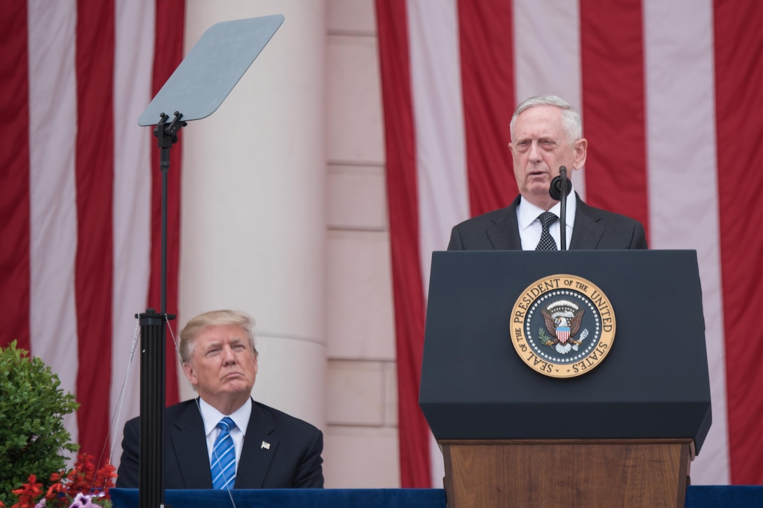 Defense Secretary Jim Mattis delivers remarks during Memorial Day ceremonies at Arlington National Cemetery in Arlington, Va., May 29, 2017. President Donald J. Trump and leaders from around the Defense Department gathered to honor America's fallen service members. DoD photo by Army Sgt. James K. McCann