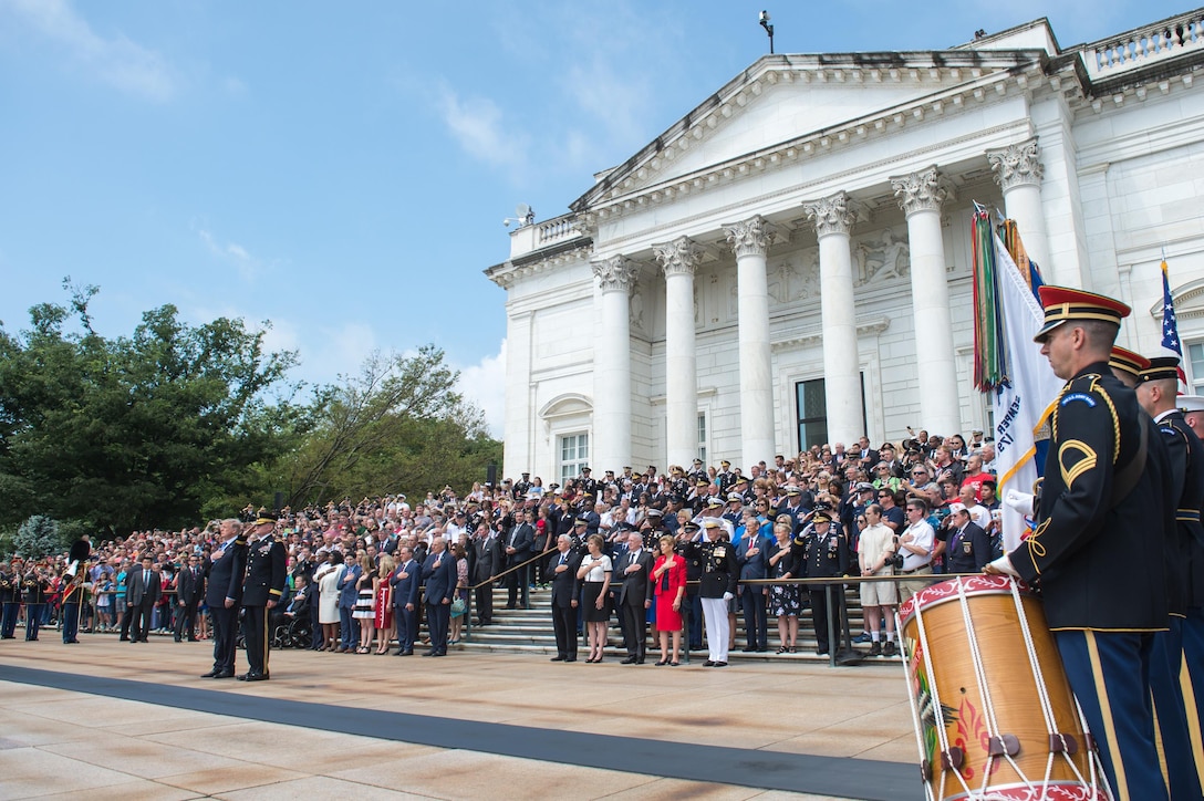 President Donald J. Trump, defense leaders. military personnel and civilians pay their respects during the Memorial Day wreath-laying ceremony at the Tomb of the Unknowns at Arlington National Cemetery, May 29, 2017. Senior leadership from around the DoD gathered to honor America's fallen service members. DoD photo by Army Sgt. James K. McCann