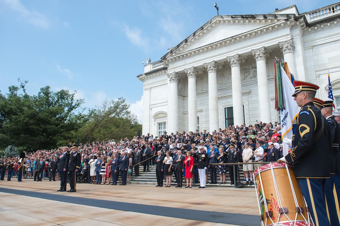 President Donald J. Trump, defense leaders, military personnel and civilians pay their respects during the Memorial Day wreath-laying ceremony