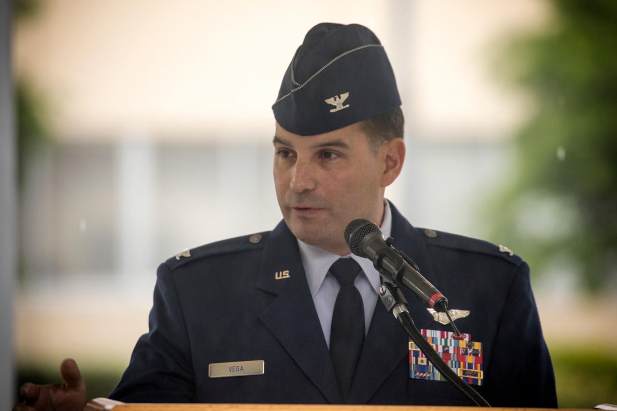 Col. Sergio Vega, Jr., 374th Airlift Wing vice commander, gives a speech during the Memorial Day ceremony at Yokota Air Base, Japan, May 26, 2017. The 374th AW held the ceremony in memory of those who have given the ultimate sacrifice while in military service. (U.S. Air Force photo by Yasuo Osakabe)