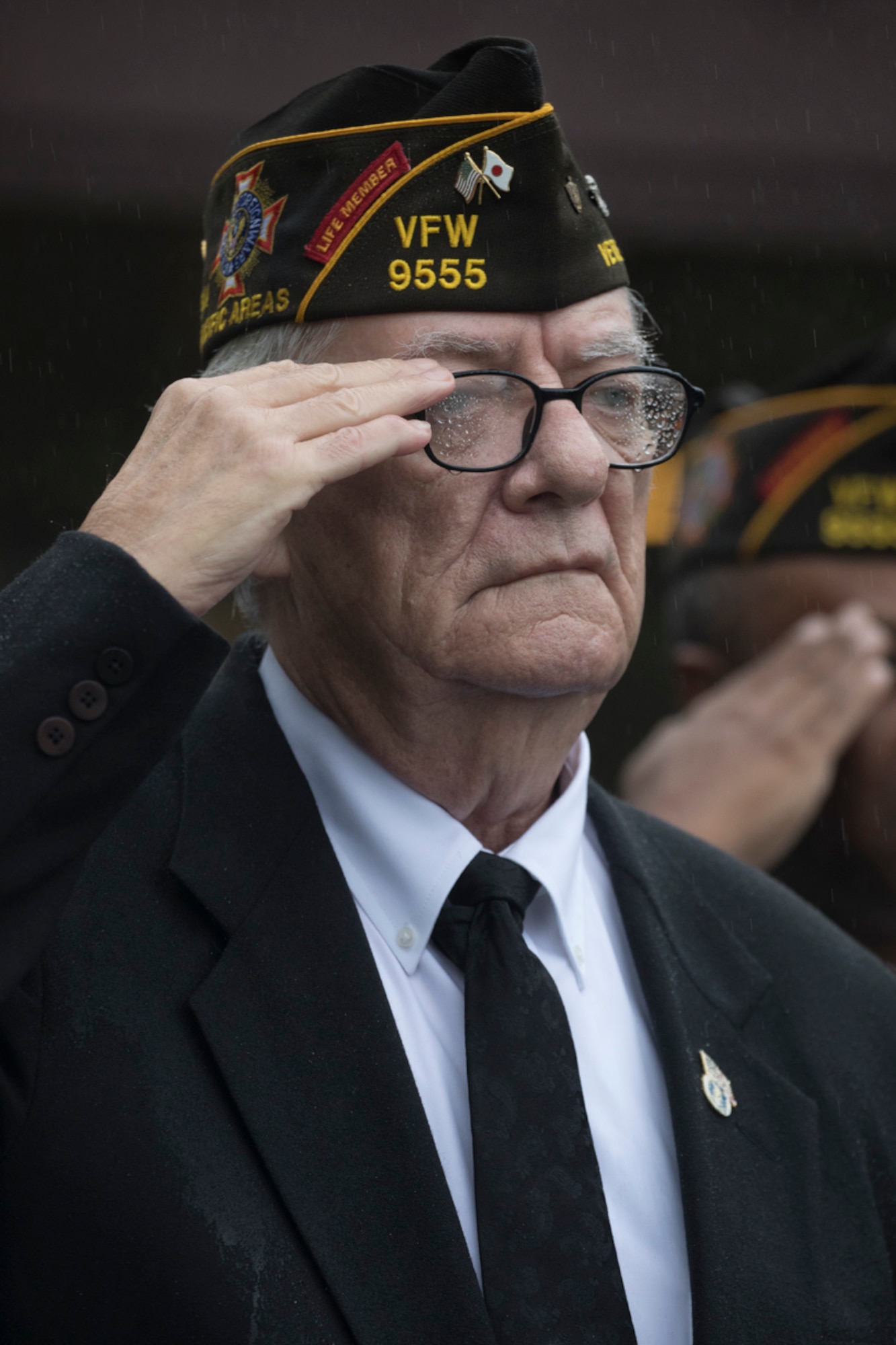 Retired U.S. Air Force Master Sgt. Bill Bilyk, Vietnam War veteran and member of the Veterans of Foreign War Post 9555, salutes during the Memorial Day ceremony at Yokota Air Base, Japan, May 26, 2017. The 374th Airlift Wing held the ceremony in memory of those who have given the ultimate sacrifice while in military service. (U.S. Air Force photo by Yasuo Osakabe)