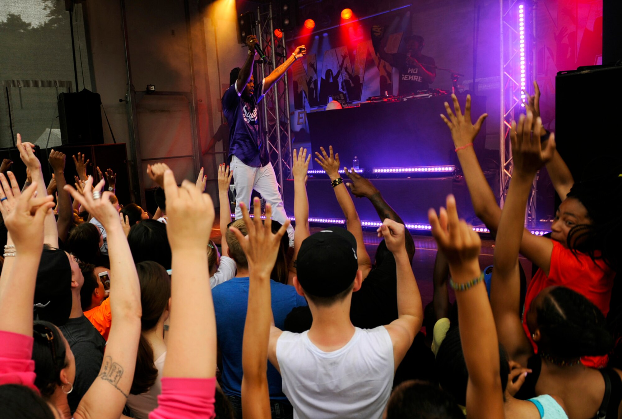 B.o.B, rapper and music producer, performs during a free concert at Ramstein Air Base, Germany, May 28, 2017. After the concert, the musical artist signed autographs and took photos during a meet and greet session with fans. (U.S. Air Force photo/Tech. Sgt. Sharida Jackson)