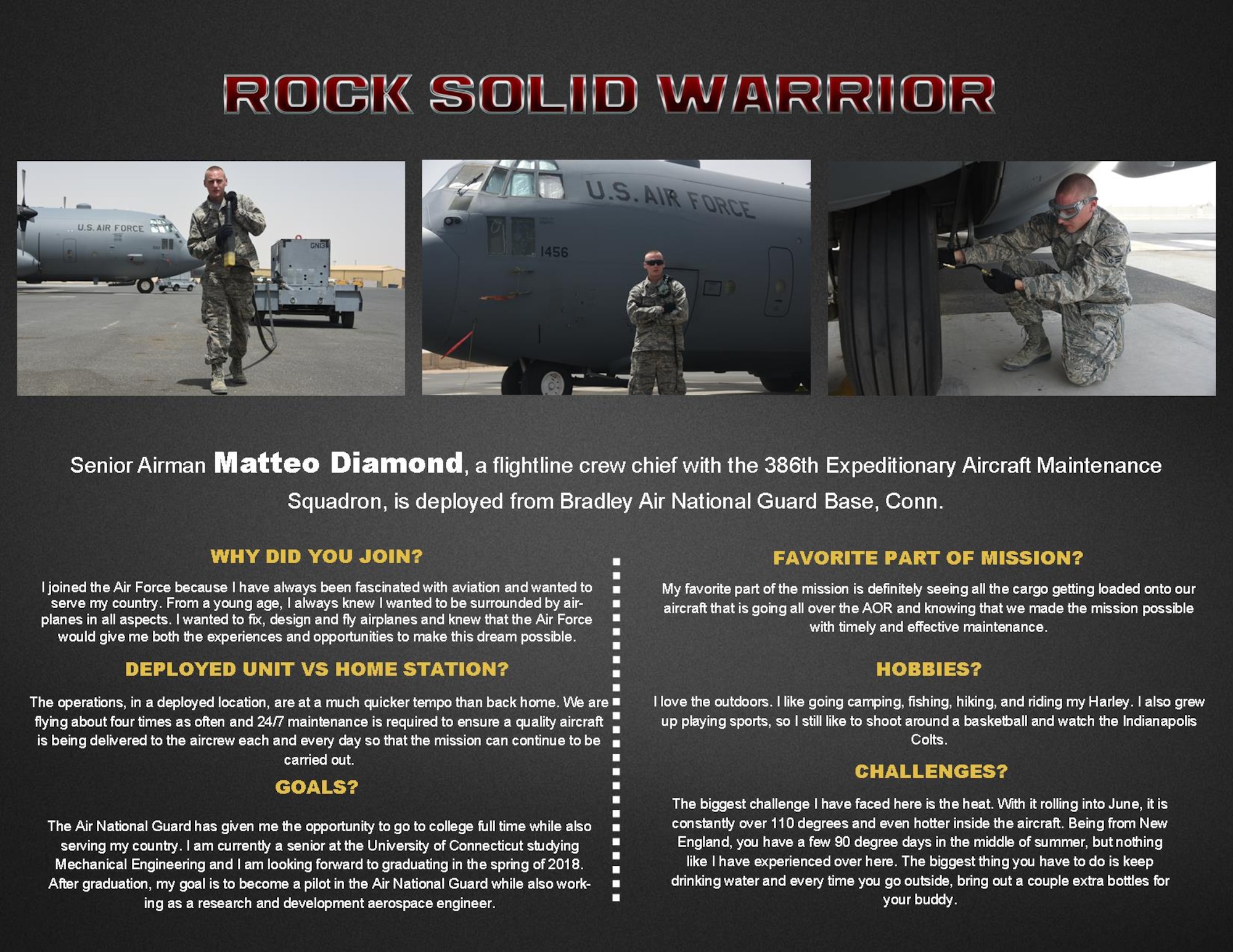 ROCK SOLID WARRIOR:  This week’s Rock Solid Warrior is Senior Airman Matteo Diamond, a flightline crew chief with the 386th Expeditionary Aircraft Maintenance Squadron, deployed from Bradley Air National Guard Base, Conn. The Rock Solid Warrior program is a way to recognize and spotlight the Airmen of the 386th Air Expeditionary Wing for their positive impact and commitment to the mission. (U.S. Air Force graphic/ Tech. Sgt. Jonathan Hehnly)