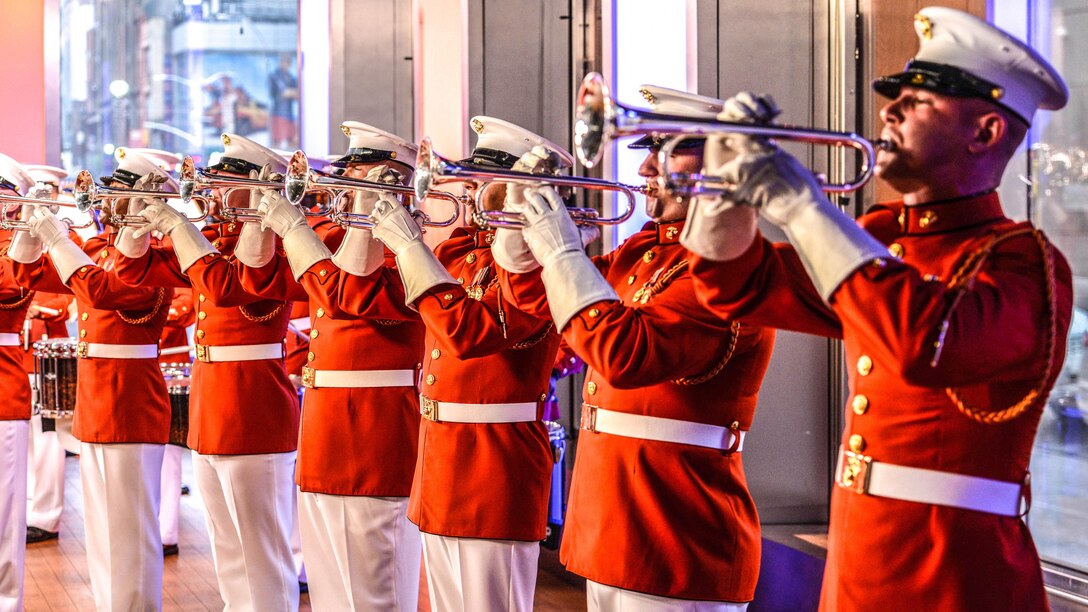 Marines with the U.S. Marine Drum & Bugle Corps, “The Commandant’s Own”, perform for a special live Memorial Day performance on Fox & Friends Morning Show in New York, May 29, 2017. Marines, Sailors, and Coast Guardsmen participated in Fleet Week New York 2017. 