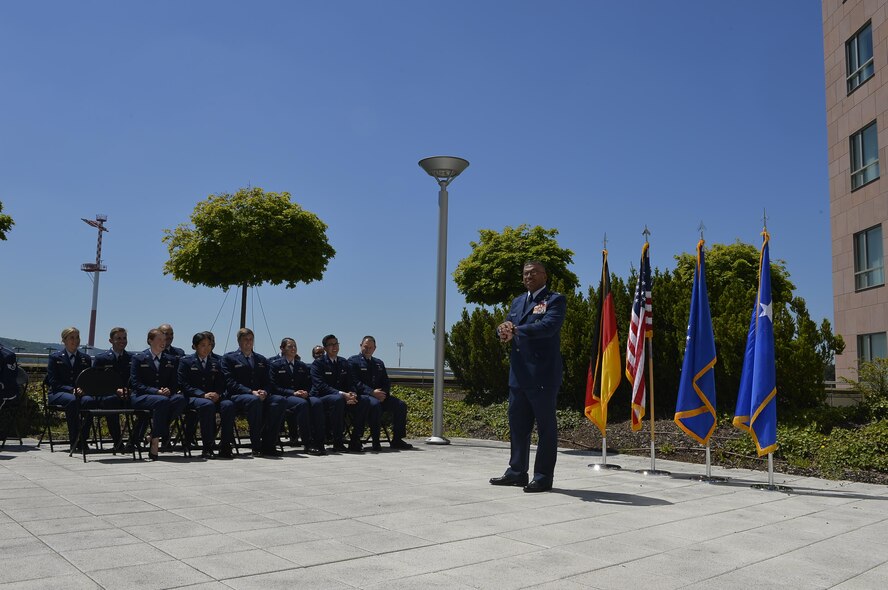 U.S. Air Force Lt. Gen. Richard M. Clark, 3rd Air Force commander, speaks at a promotion ceremony on Ramstein Air Base, Germany, May 26, 2017. Clark presided over the promotion of 13 captains, most of whom graduated from the U.S. Air Force Academy when he was serving as the commandant of cadets. (U.S. Air Force photo by Airman 1st Class Joshua Magbanua) 