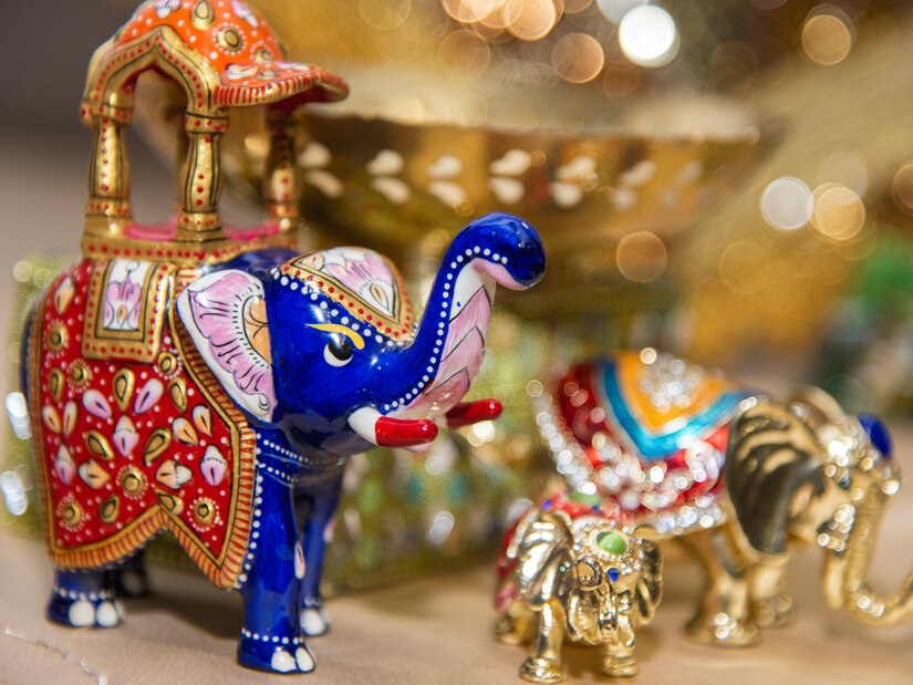 Indian decorations sit on a table during the Asian American and Pacific Islander Heritage Month Culture Show at Joint Base Andrews, Md., May 24, 2017. In Indian culture, elephants are extremely important and are a symbol of mental strength, earthiness and responsibility. (U.S. Air Force photo by Airman 1st Class Valentina Lopez)