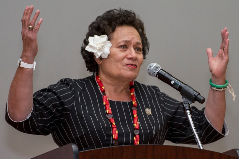 Amata Coleman Radewagen, U.S. congresswoman, gives a speech during the Asian American and Pacific Islander Heritage Month Culture Show at Joint Base Andrews, Md., May 24, 2017. Radewagen is the delegate for the U.S. House of Representatives for American Samoa and is the first American Samoan woman elected to the U.S. House of Representatives. (U.S. Air Force photo by Airman 1st Class Valentina Lopez)