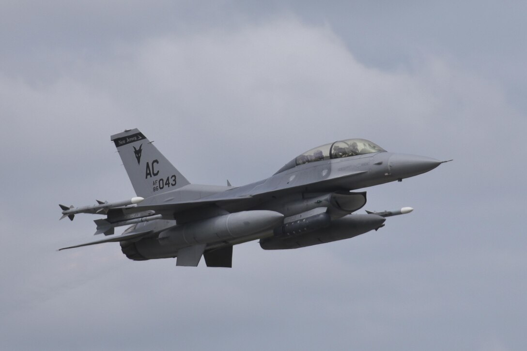 A New Jersey Air National Guard F-16D Fighting Falcon from the 177th Fighter Wing takes off for a mission during a three-day Aeropsace Control Alert CrossTell live-fly training exercise at Atlantic City Air National Guard Base, N.J., May 24, 2017. Representatives from the Air National Guard fighter wings, Civil Air Patrol, and U.S. Coast Guard rotary-wing air intercept units will conduct daily sorties from May 23-25 to hone their skills with tactical-level air-intercept procedures. (U.S. Air National Guard photo by Master Sgt. Matt Hecht/Released)