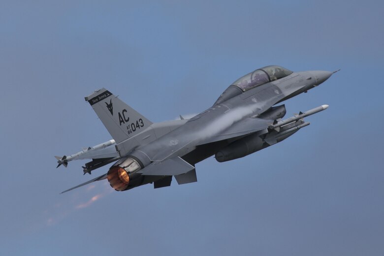 A New Jersey Air National Guard F-16D Fighting Falcon from the 177th Fighter Wing takes off for a mission during a three-day Aeropsace Control Alert CrossTell live-fly training exercise at Atlantic City Air National Guard Base, N.J., May 24, 2017. Representatives from the Air National Guard fighter wings, Civil Air Patrol, and U.S. Coast Guard rotary-wing air intercept units will conduct daily sorties from May 23-25 to hone their skills with tactical-level air-intercept procedures. (U.S. Air National Guard photo by Master Sgt. Matt Hecht/Released)