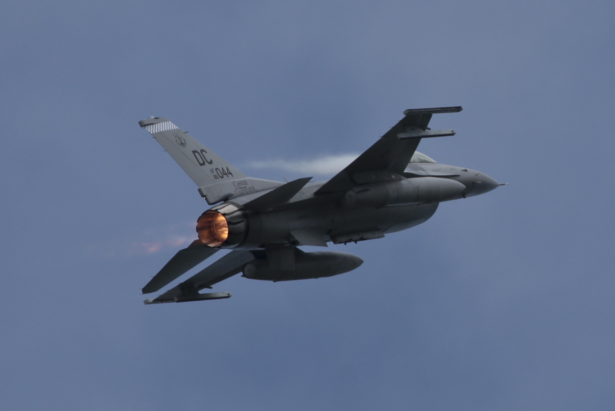 A District of Columbia Air National Guard F-16D Fighting Falcon from the 113th Fighter Wing takes off for a mission during a three-day Aeropsace Control Alert CrossTell live-fly training exercise at Atlantic City Air National Guard Base, N.J., May 24, 2017. Representatives from the Air National Guard fighter wings, Civil Air Patrol, and U.S. Coast Guard rotary-wing air intercept units will conduct daily sorties from May 23-25 to hone their skills with tactical-level air-intercept procedures. (U.S. Air National Guard photo by Master Sgt. Matt Hecht/Released)