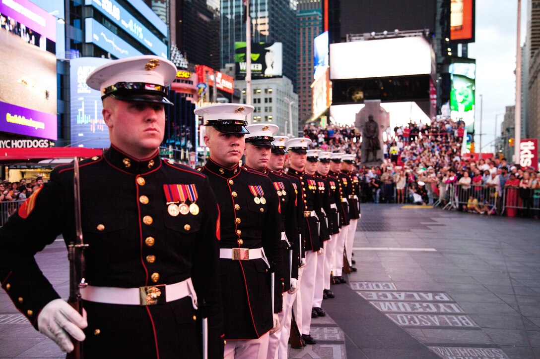 The Marine Corps Silent Drill Platoon performs in Times Square during Fleet Week New York in New York City, May 27, 2017. Marine Corps photo Cpl. Warren Smith
