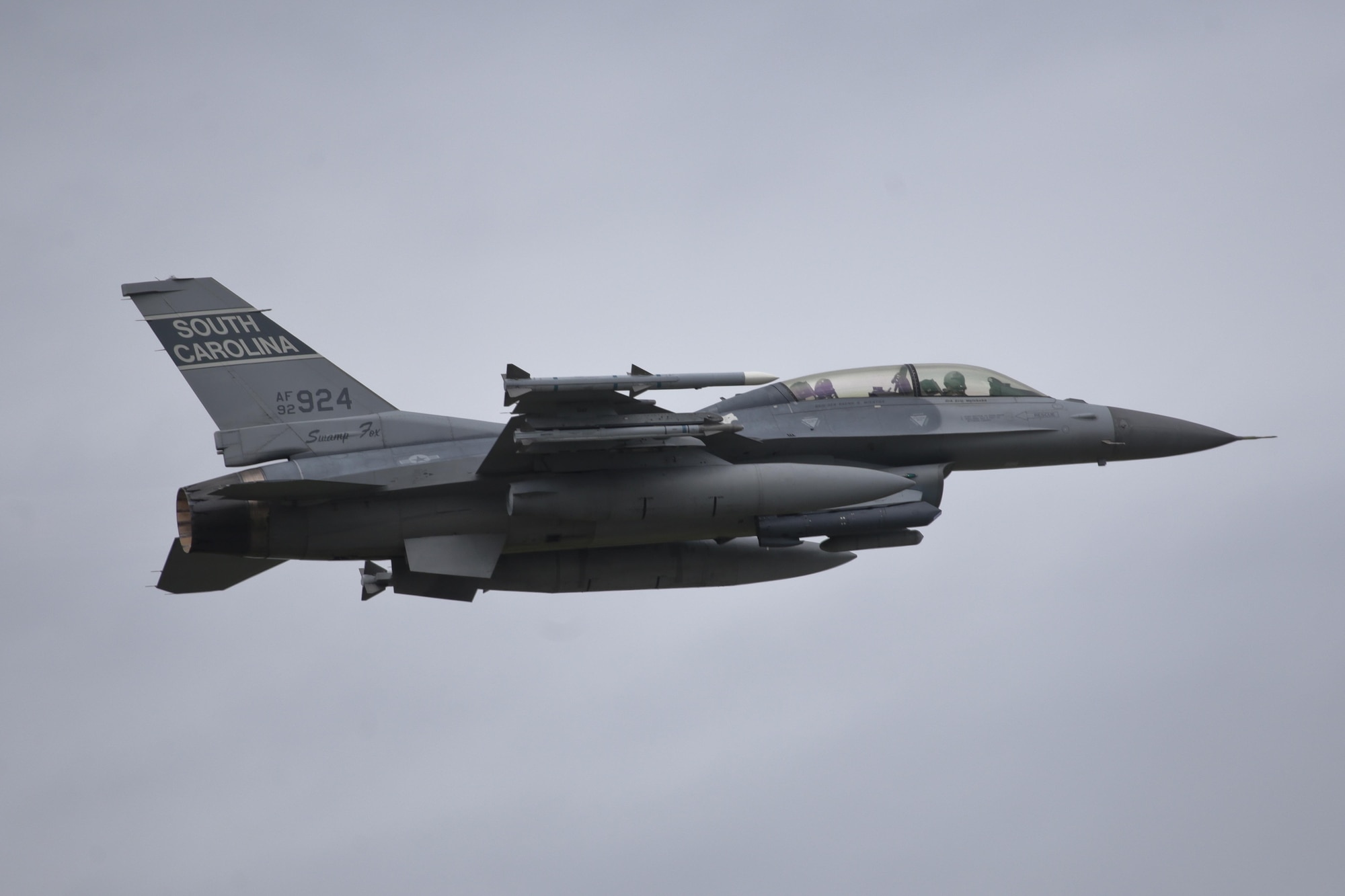 A South Carolina Air National Guard F-16D Fighting Falcon from the 169th Fighter Wing "Swamp Foxes" takes off for a mission during a three-day Aeropsace Control Alert CrossTell live-fly training exercise at Atlantic City Air National Guard Base, N.J., May 24, 2017. Representatives from the Air National Guard fighter wings, Civil Air Patrol, and U.S. Coast Guard rotary-wing air intercept units will conduct daily sorties from May 23-25 to hone their skills with tactical-level air-intercept procedures. (U.S. Air National Guard photo by Master Sgt. Matt Hecht/Released)