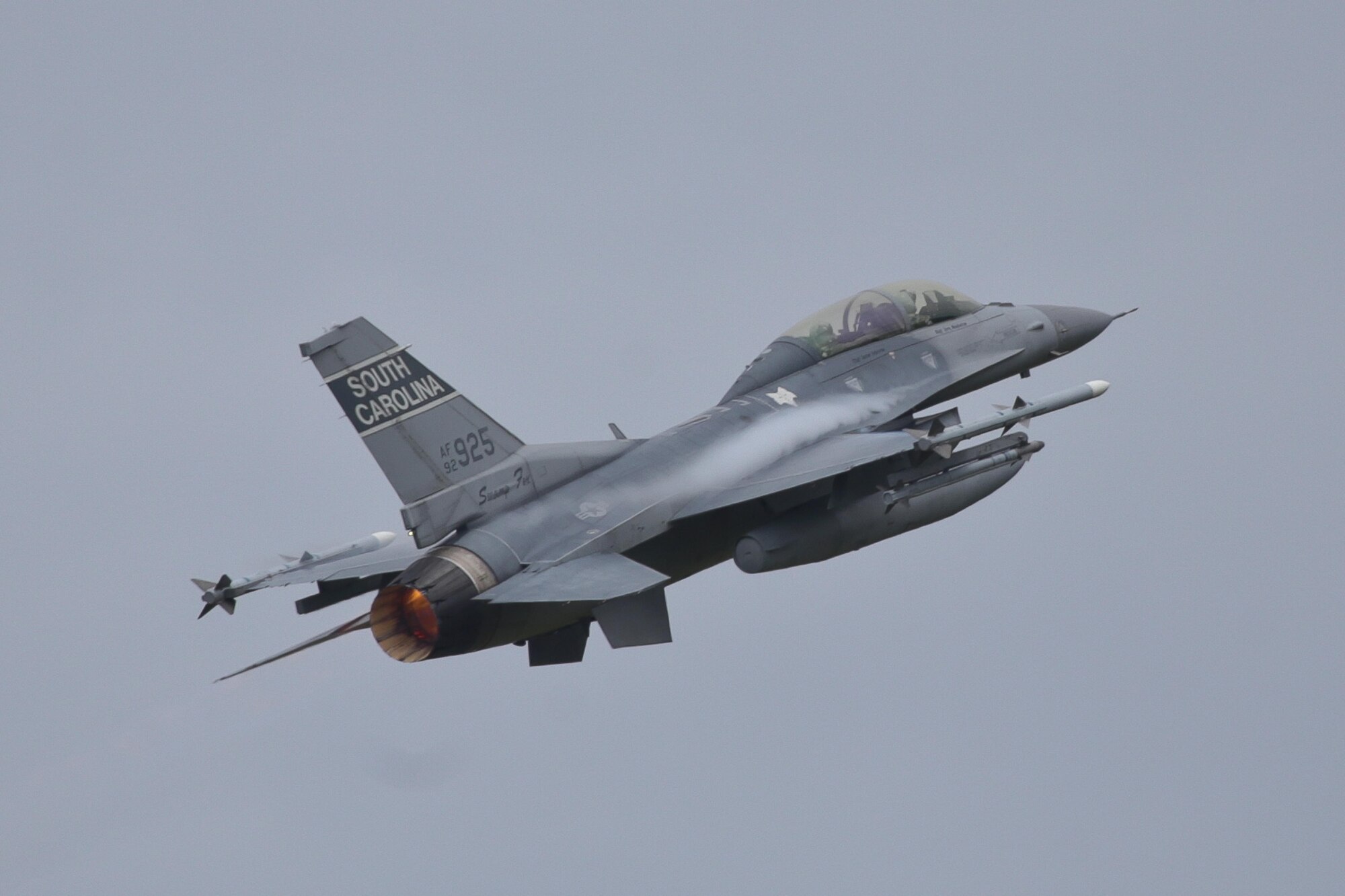 A South Carolina Air National Guard F-16D Fighting Falcon from the 169th Fighter Wing "Swamp Foxes" takes off for a mission during a three-day Aeropsace Control Alert CrossTell live-fly training exercise at Atlantic City Air National Guard Base, N.J., May 24, 2017. Representatives from the Air National Guard fighter wings, Civil Air Patrol, and U.S. Coast Guard rotary-wing air intercept units will conduct daily sorties from May 23-25 to hone their skills with tactical-level air-intercept procedures. (U.S. Air National Guard photo by Master Sgt. Matt Hecht/Released)