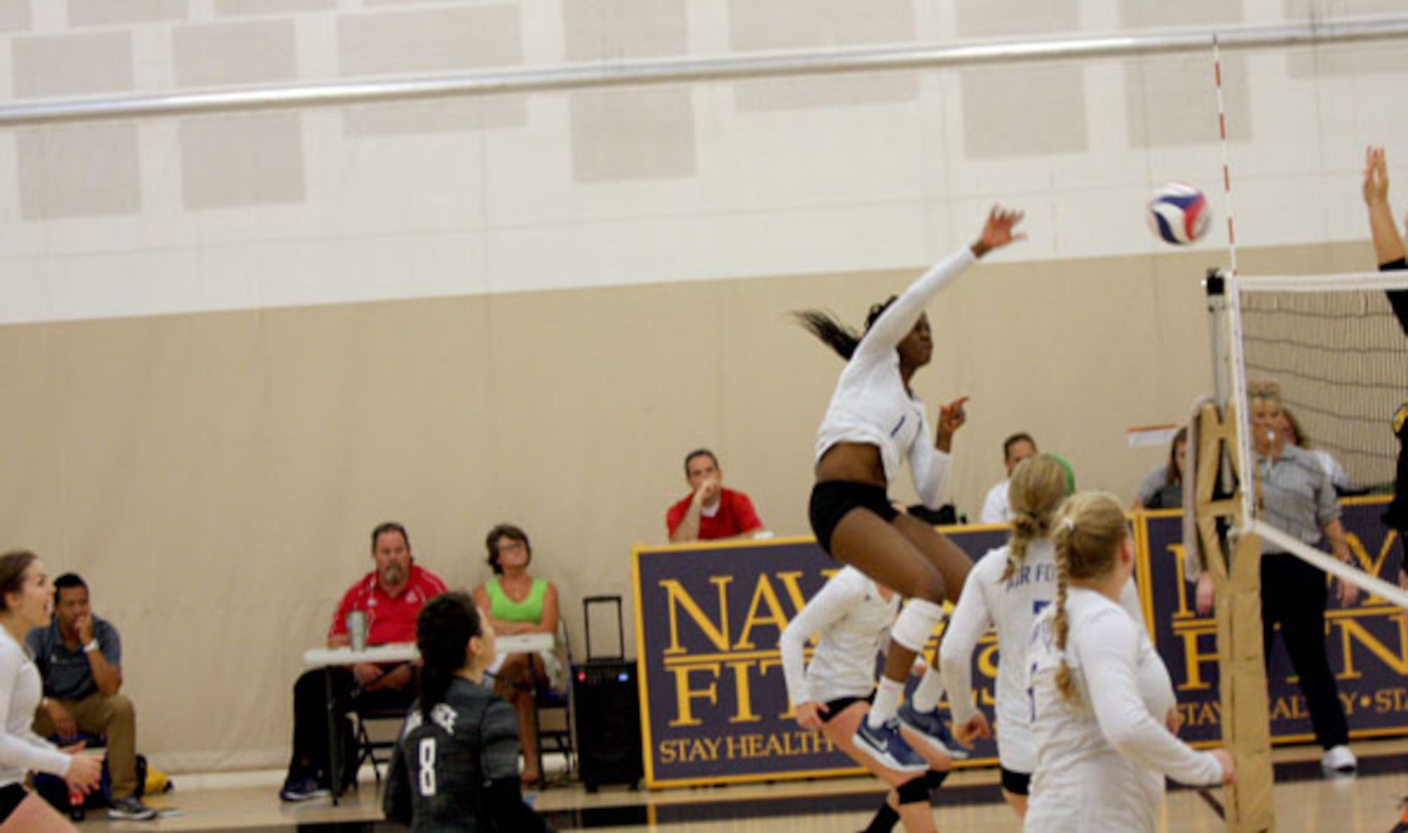 Outside hitter 2nd Lt. Felicia Clement of the 62nd Maintenance Squadron at Joint Base Lewis-McChord, Washington, attempts a kill during the Armed Forces Volleyball Championship. (U.S. Air Force photo by Steve Brown)
