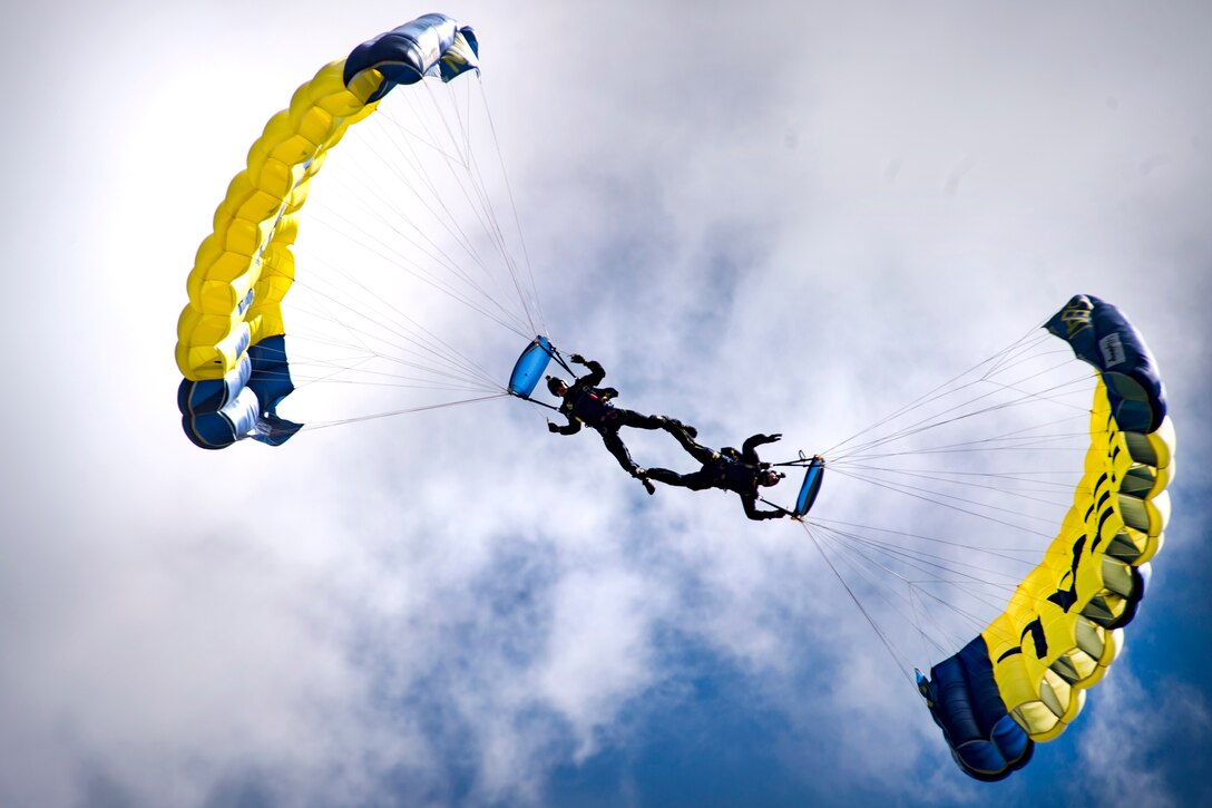 Members of the Leap Frogs, the Navy's parachute team, perform a during a demonstration over Eisenhower Park, N.Y., May 27, 2017, during Fleet Week New York. Navy photo by Petty Officer 2nd Class Andrew Brame