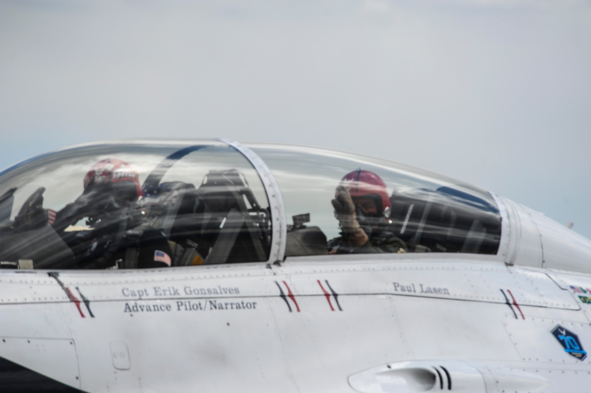 Retired Maj. Paul Lasen (right), a 1959 U.S. Air Force Academy Academy graduate, sits in the backseat of the cockpit in a U.S. Air Force Thunderbird's F-16D aircraft May 22, 2017 while it heads to the runway for take-off at Peterson Air Force Base, Colorado. Lasen, 83, is the oldest-living graduate of the Academy. (U.S. Air Force photo/Tech. Sgt. Julius Delos Reyes)
