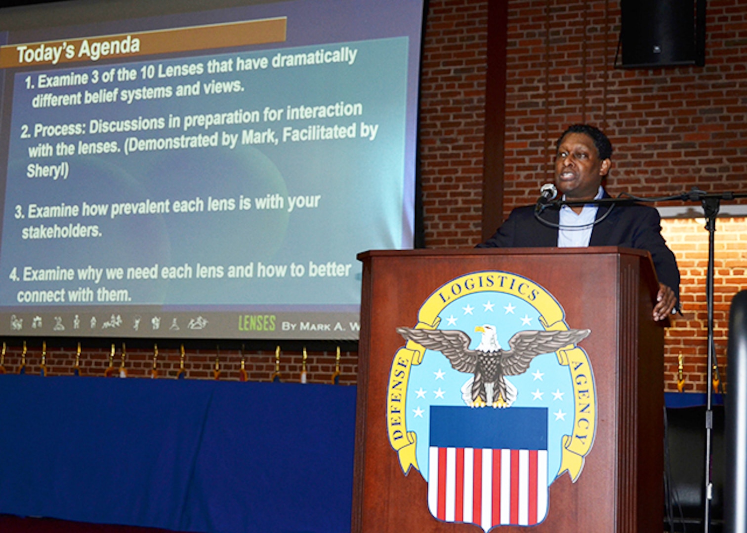 Defense Logistics Agency's Equal Employment Opportunity and Diversity Office sponsored a quarterly diversity and inclusion training event titled “The 10 Lenses,” May 25, 2017 in the Lotts Conference Center, on Defense Supply Center Richmond, Virginia. Mark Williams, a Monster Government Solutions employee facilitated the training event demonstrating various ways to connect with others and internal and external customers, while leveraging diversity to increase productivity, innovation, and carry out the mission.