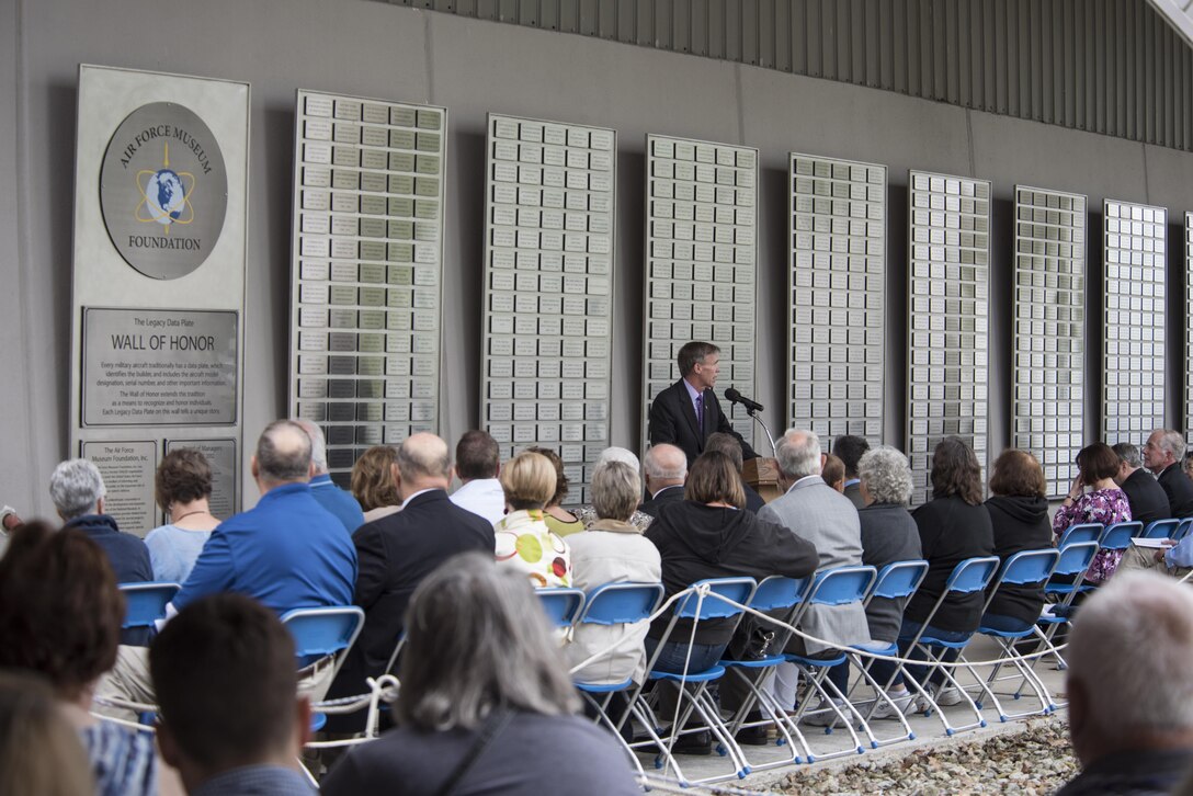 National Museum of the U.S. Air Force Director Lt. Gen. (Ret.) Jack Hudson speaks at the 2017 Legacy Data Plate Wall of Honor Tribute Ceremony held at the museum on May 25, 2017. Traditionally, all military aircraft have a data plate, which identifies the builder, and includes the aircraft model designation, serial number, and other important information. These Legacy Data Plates extend this tradition as a means to recognize and honor individuals.(U.S. Air Force photo by Ken LaRock)