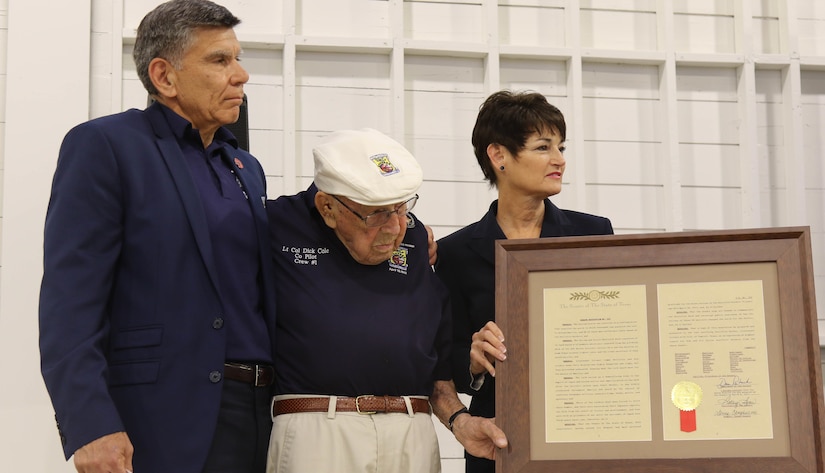 U.S. Marine Corps Maj. Gen. (Ret.) Juan Ayala (left) and Texas Senator Dr. Donna Campbell (right) thank U.S. Army Air Force Lt. Col. (Ret.) Richard E. Cole (center) for his service with the Doolittle Raiders on Saturday, May 20, 2017 at a World War I commemoration event in San Antonio, Texas at Brooks City Base Hangar 9. The event was hosted by the City of San Antonio Department of Military Affairs to honor those who served in World War I. (U.S. Army Reserve photo by Spc. Kati Waxler)