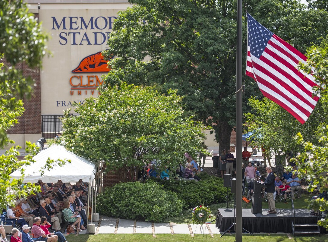 The American flag waves at half-staff during Memorial Day observances in Clemson University’s Memorial Park, May 28, 2017. (U.S. Army Reserve photo by Staff Sgt. Ken Scar)