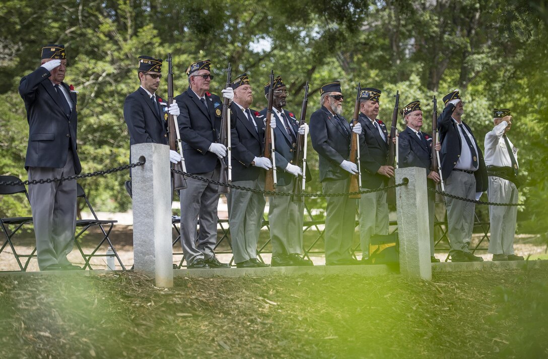 Members of the Marine Corps League Det. 1131 salute during a Memorial Day observance in Clemson University's Memorial Park, May 28, 2017. (U.S. Army Reserve photo by Staff Sgt. Ken Scar)