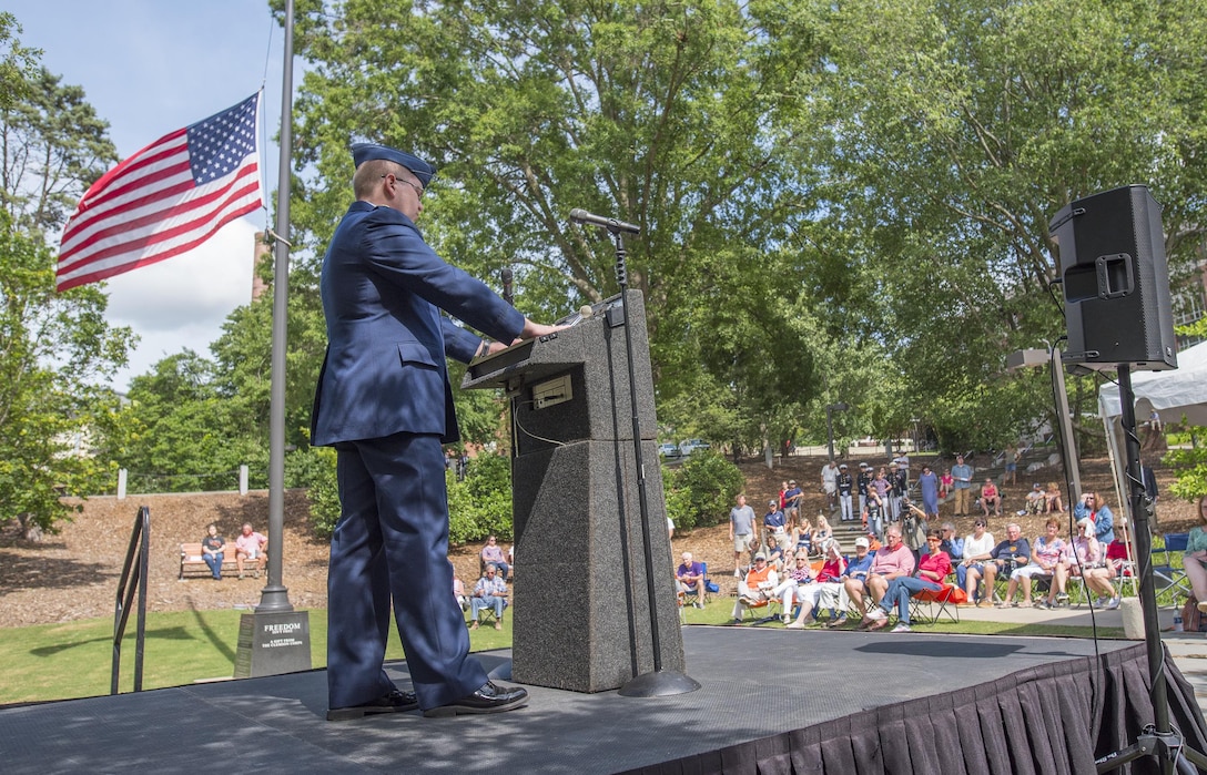 U.S. Air Force Maj. Brock Lusk speaks during a Memorial Day observance in Clemson University’s Memorial Park, May 28, 2017. (U.S. Army Reserve photo by Staff Sgt. Ken Scar)