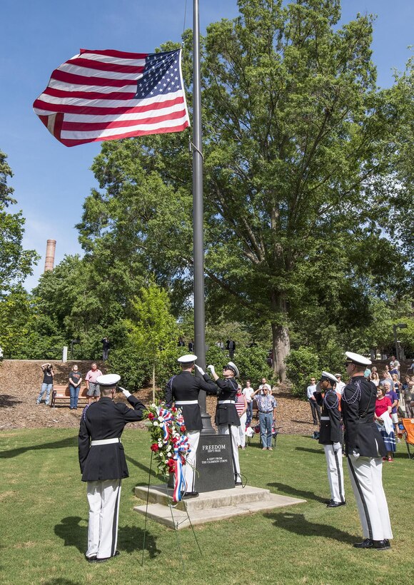 Clemson University Reserve Officers’ Training Corps cadets lower the American flag to half-staff during a Memorial Day observance in Clemson’s Memorial Park, May 28, 2017. (U.S. Army Reserve photo by Staff Sgt. Ken Scar)