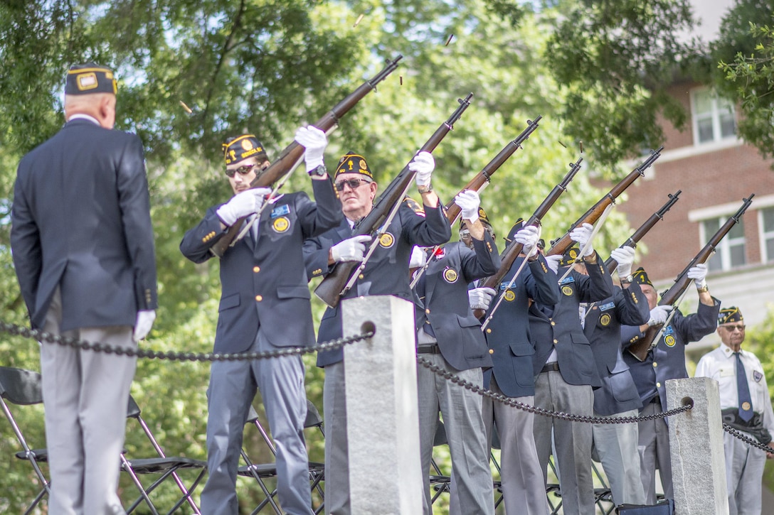 Members of the Marine Corps League Det. 1131 execute a 21-gun salute during a Memorial Day observance in Clemson University's Memorial Park, May 28, 2017. (U.S. Army Reserve photo by Staff Sgt. Ken Scar)