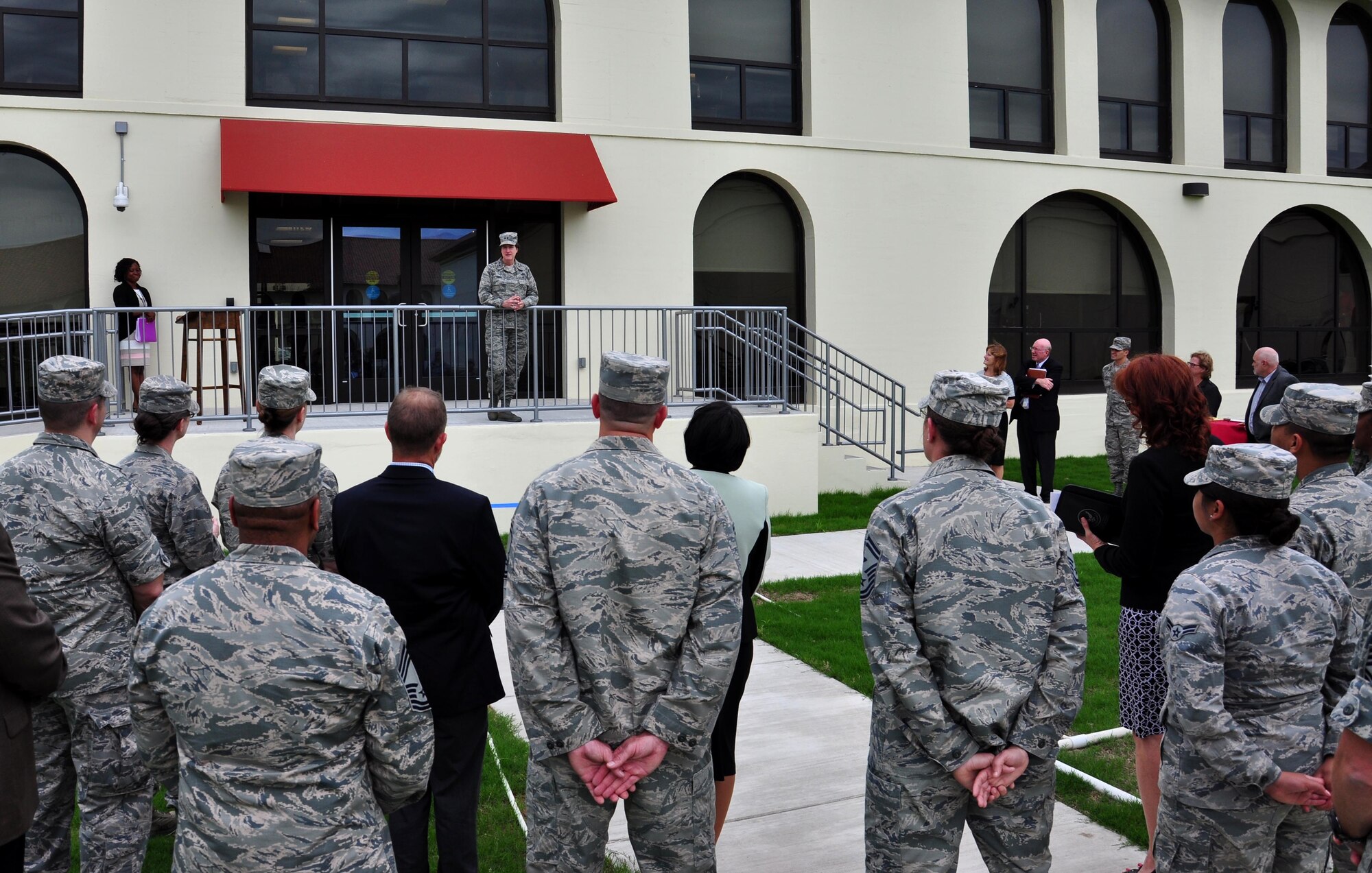U.S. Air Force Maj. Gen. Peggy Poore, Air Force Personnel Center commander, addresses a crowd of AFPC team members during a ribbon-cutting ceremony May 23, 2017, at Joint Base San Antonio-Randolph, Texas. The demolition and subsequent restoration of the area formerly housing Building 499-B took two years and 10 months to complete. (U.S. Air Force photo by Staff Sgt. Alexx Pons)