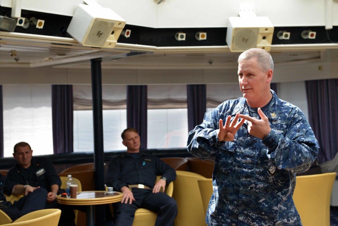 Navy Fleet Master Chief Crispian D. Addington, the U.S. European Command senior enlisted advisor, meets with senior leaders aboard USS Mount Whitney during a ship visit at Viktor Lenac Shipyard in Rijeka, Croatia, April 6, 2017. Navy photo by Petty Officer 2nd Class Michael Feddersen