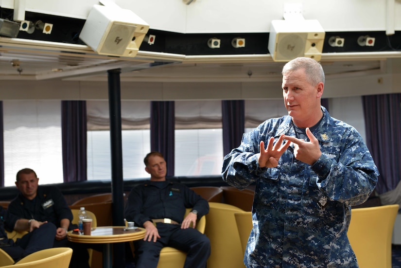 Navy Fleet Master Chief Crispian D. Addington, the U.S. European Command senior enlisted advisor, meets with senior leaders aboard USS Mount Whitney during a ship visit at Viktor Lenac Shipyard in Rijeka, Croatia, April 6, 2017. Navy photo by Petty Officer 2nd Class Michael Feddersen
