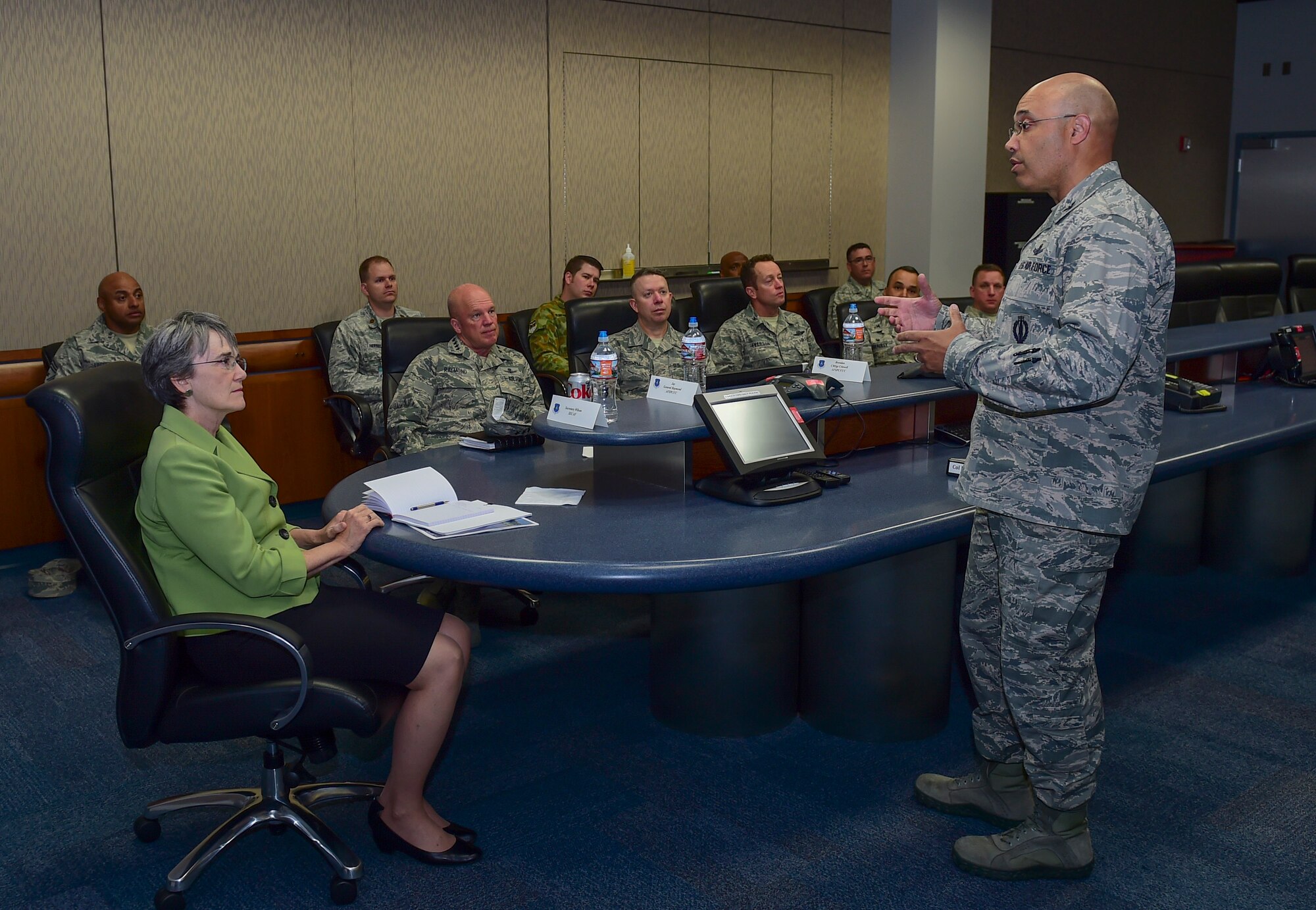 Col. David Miller, Jr., 460th Space Wing commander, briefs Secretary of the Air Force Heather Wilson, May 23, 2017, on Schriever Air Force Base, Colo. Wilson toured Schriever AFB including Buckley AFB’s backup Mission Control Station, highlighting the importance of our nation’s mission in space. (U.S. Air Force photo by Airman Jacob Deatherage)