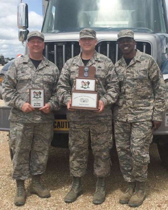 (from left to right) U.S. Airmen, Senior Master Sgt. Robert Ward, Tech. Sgt. Michael Morris and Staff Sgt. Michael Hill, vehicle operators with the 139th Logistics Readiness Squadron, Missouri Air National Guard, pose with a trophy after winning the Best in the Midwest Ground Transportation Rodeo, at Fort Leonard Wood, Mo., May 21, 2017.