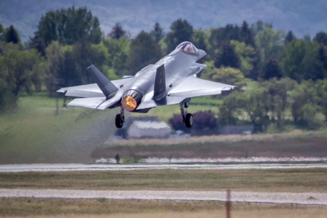 An F-35 Lightning II aircraft assigned to Hill Air Force Base takes off from the base, May 22. The F-35 is among the first to fly sorties at the base with a new version of ALIS (Autonomic Logistics Information System), the information technology infrastructure which performs behind-the-scenes monitoring, maintenance and prognostics to support the aircraft and ensure continued health and enhance operational planning and execution. (U.S. Air Force/Paul Holcomb)