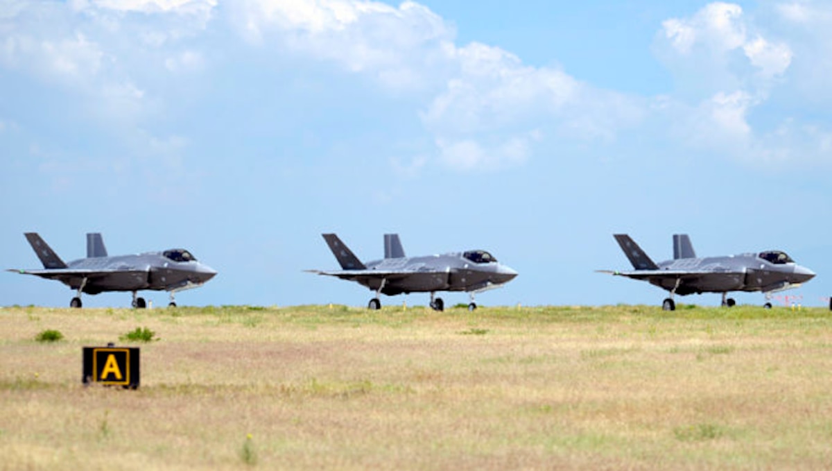 F-35 Lightning II aircraft assigned to Hill Air Force Base prepare for takeoff May 22. The F-35s are among the first to fly sorties at the base with a new version of ALIS (Autonomic Logistics Information System), the information technology infrastructure which performs behind-the-scenes monitoring, maintenance and prognostics to support the aircraft and ensure continued health and enhance operational planning and execution. (U.S. Air Force/Todd Cromar)