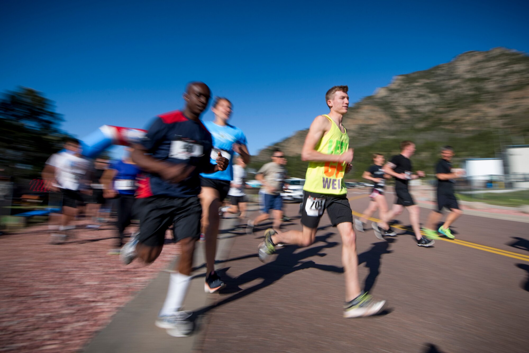CHEYENNE MOUNTAIN AIR FORCE STATION, Colo. – Runners participating in the Memorial Day 5k Tunnel Run accelerate from the starting line at Cheyenne Mountain Air Force Station, Colo., May 25, 2017. More than 150 runners took part in the 5k race. (U.S. Air Force photo by Airman 1st Class Dennis Hoffman)