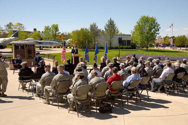 PETERSON AIR FORCE BASE, Colo. – Members of Team Pete attend the 21st Space Wing’s 25th Anniversary Commemorative Event at the Peterson Air and Space Museum, May 25, 2017, at Peterson Air Force Base, Colo. The event was one of several celebrations for the 21st SW’s anniversary. Col. Doug Schiess, 21st Space Wing commander, and Jeff Greene, Colorado Springs Mayor’s chief of staff, unveiled the time capsule that will be sealed after the event and opened on the wing’s 50th anniversary in 2042.  (U.S. Air Force photo by Staff Sgt. Tiffany Lundberg)