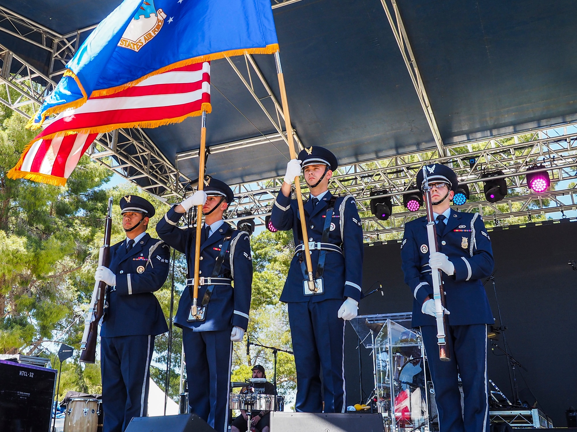 Air Force honor guardsmen present the colors at the American Patriot Festival in Las Vegas, May 21, 2017. The American Patriot Festival focused on supporting veterans and their families with live concerts, vendor stands and a car show with nearly 300 cars. (U.S. Air Force photo by Master Sgt. Heidi West/Released)