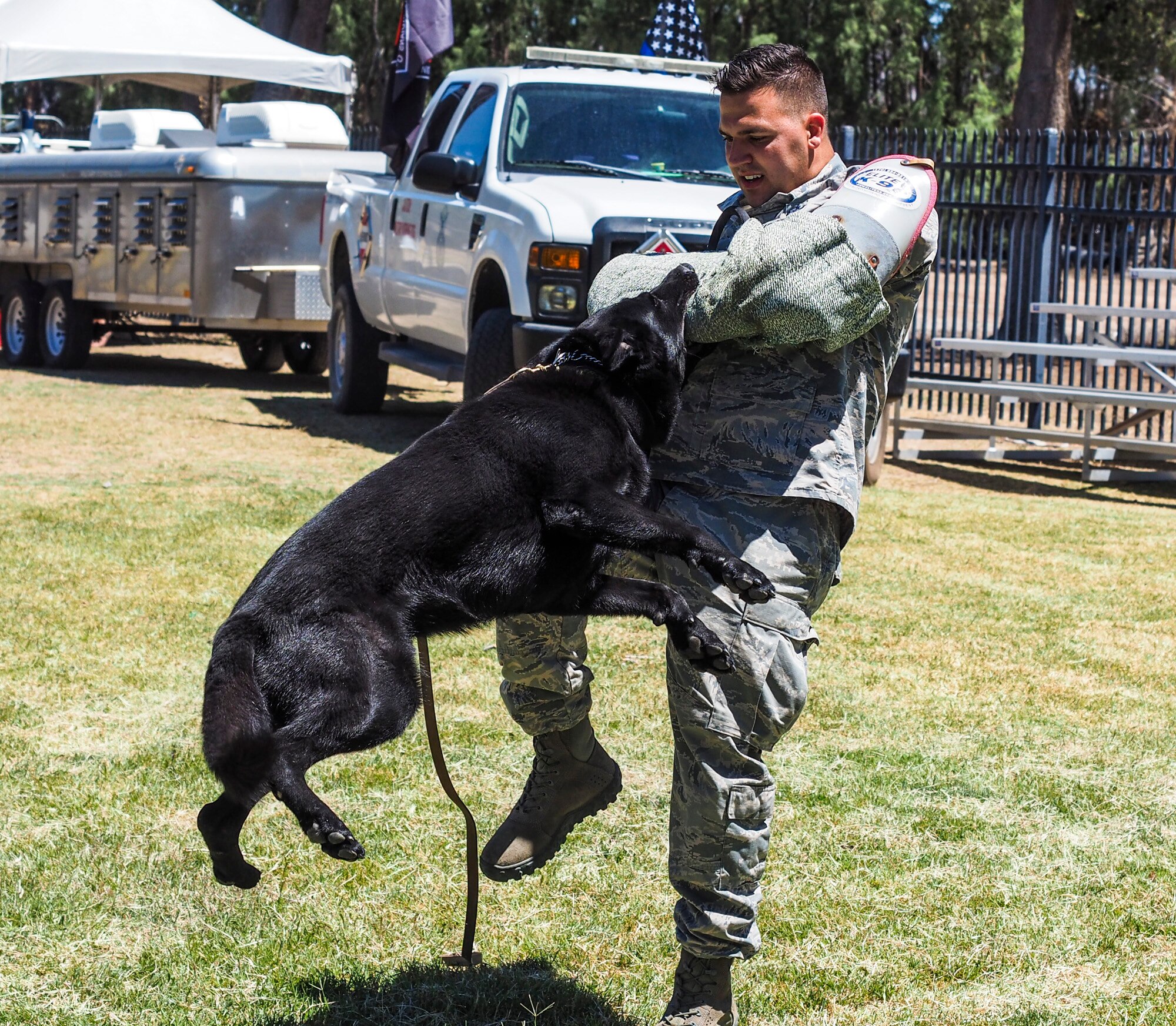 An Airman assigned to the 99th Security Forces Squadron demonstrates the abilities of his K-9 at the American Patriot Festival in Las Vegas, May 21, 2017. Airmen from Nellis and Creech Air Force Bases participated in the festival to show off K-9 units, Explosive Ordinance Disposal teams and a static MQ-1 Predator Drone. (U.S. Air Force photo by Master Sgt. Heidi West/Released)