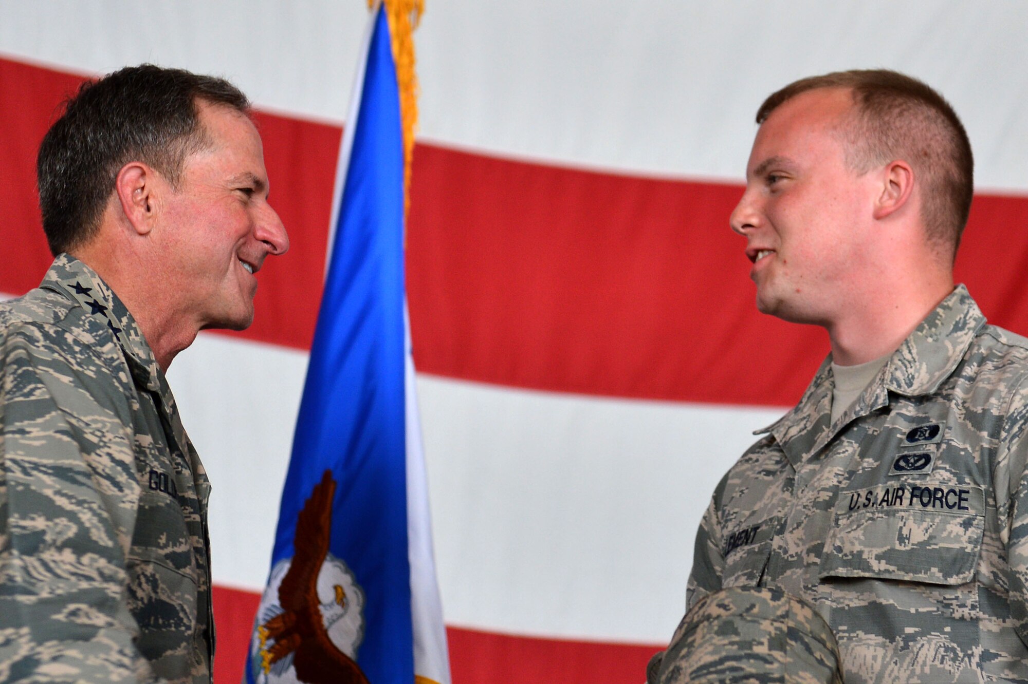 U.S. Air Force Chief of Staff Gen. David L. Goldfein interacts with an Airman during an all-call at Shaw Air Force Base, S.C., May 30, 2017. Airmen received the opportunity to have face-to-face conversations with Goldfein after the all-call concluded.  (U.S. Air Force photo by Airman 1st Class Christopher Maldonado)