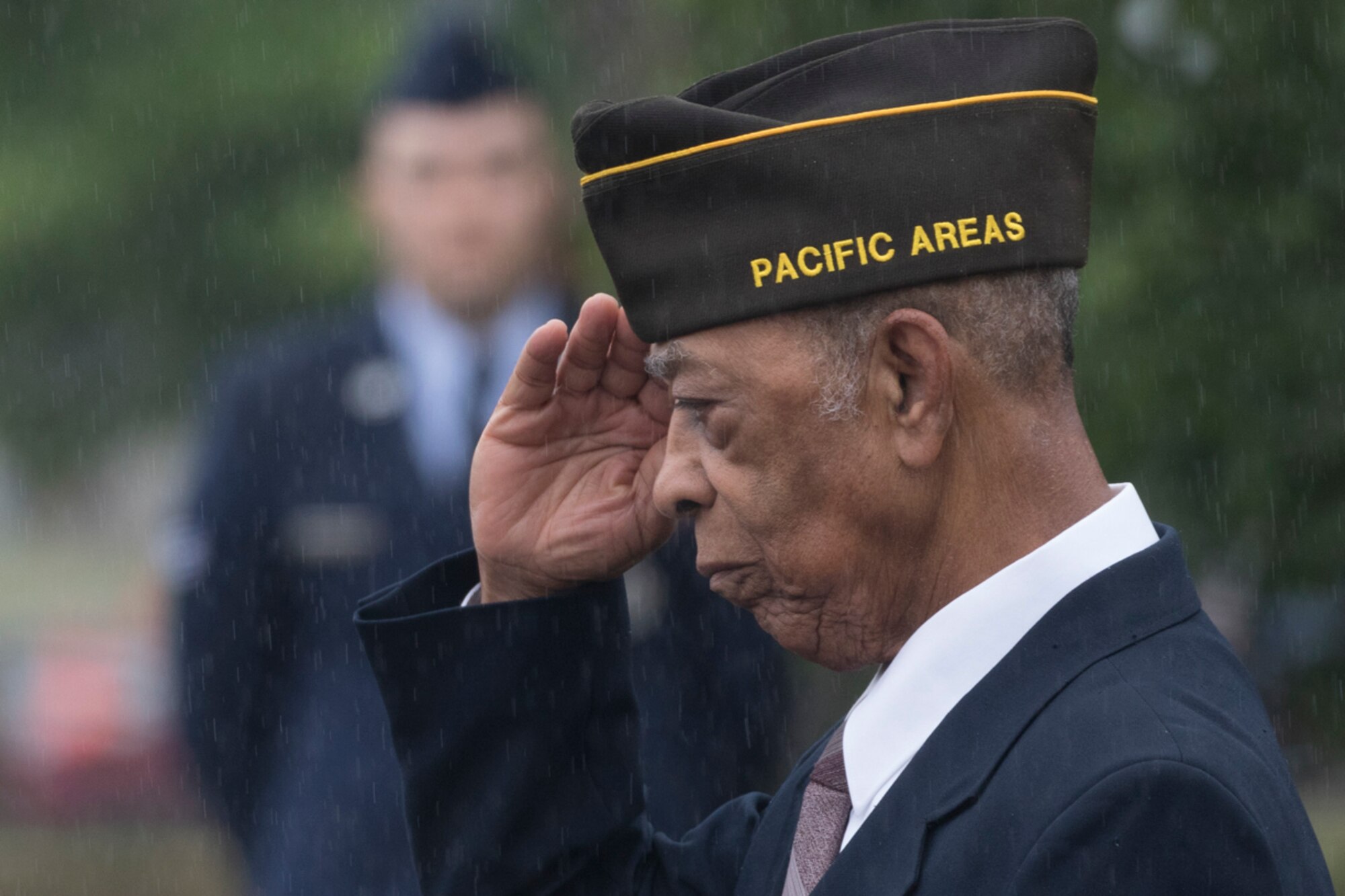 Retired U.S. Air Force Master Sgt. Ernest Richardson, a member of the Veterans of Foreign War Post 9555, salutes to a monument honoring fallen service members during the Memorial Day ceremony at Yokota Air Base, Japan, May 26, 2017. The 374th Airlift Wing hosted the ceremony in memory of those who made the ultimate sacrifice during military service. (U.S. Air Force photo by Yasuo Osakabe)