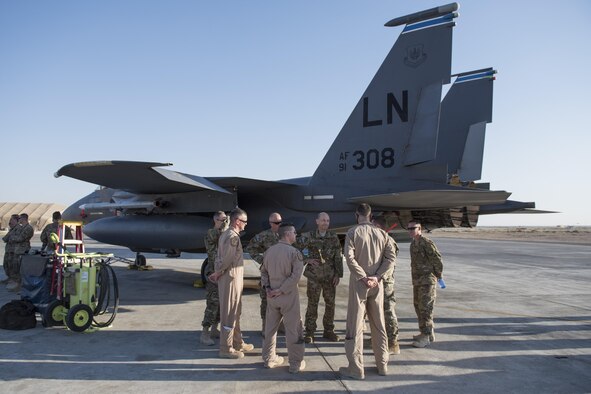 Gen. Mike Holmes, commander of Air Combat Command, speaks with 332nd Air Expeditionary Wing Airmen during a troop visit May 21, 2017, in Southwest Asia. Holmes thanked the Airmen for their hard work and dedication to the mission. (U.S. Air Force photo/Senior Airman Damon Kasberg)