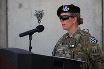 Staff Sgt. Sarah Flynn, 455th Expeditionary Security Forces Squadron, portrays Airman 1st Class Kcey Ruiz during a Memorial Day ceremony at Bagram Airfield, Afghanistan, May 29, 2017. Ruiz, who was also a member of the 455th ESFS, lost her life on Oct. 2, 2015, after a C-130J Super Hercules impacted the ground, killing everyone aboard. (U.S. Air Force photo by Staff Sgt. Benjamin Gonsier) 