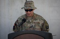 Staff Sgt. Ryan Reyes, 455th Expeditionary Medical Operations Squadron, portrays Tech. Sgt. John Chapman during a Memorial Day ceremony at Bagram Airfield, Afghanistan, May 29, 2017. Chapman was a combat controller who, on March 4, 2002, lost his life while suppressing enemy fire during a reconnaissance mission. (U.S. Air Force photo by Staff Sgt. Benjamin Gonsier)
