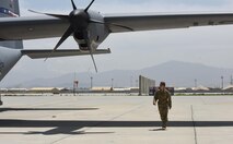 Col. Rebecca Sonkiss, the 455th Air Expeditionary Wing vice commander, conducts a pre-flight inspection of a C-130J Super Hercules prior to her fini flight at Bagram Airfield, Afghanistan, May 16, 2017. Sonkiss is a command pilot with more than 4,100 flying hours. (U.S. Air Force photo by Staff Sgt. Benjamin Gonsier)
