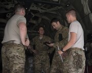 Col. Rebecca Sonkiss, center, the 455th Air Expeditionary Wing vice commander, reviews flight plans with her aircrew prior to her fini flight at Bagram Airfield, Afghanistan, May 16, 2017. Sonkiss served as the 455th Air Expeditionary Wing vice commander for the last 12 months. (U.S. Air Force photo by Staff Sgt. Benjamin Gonsier)