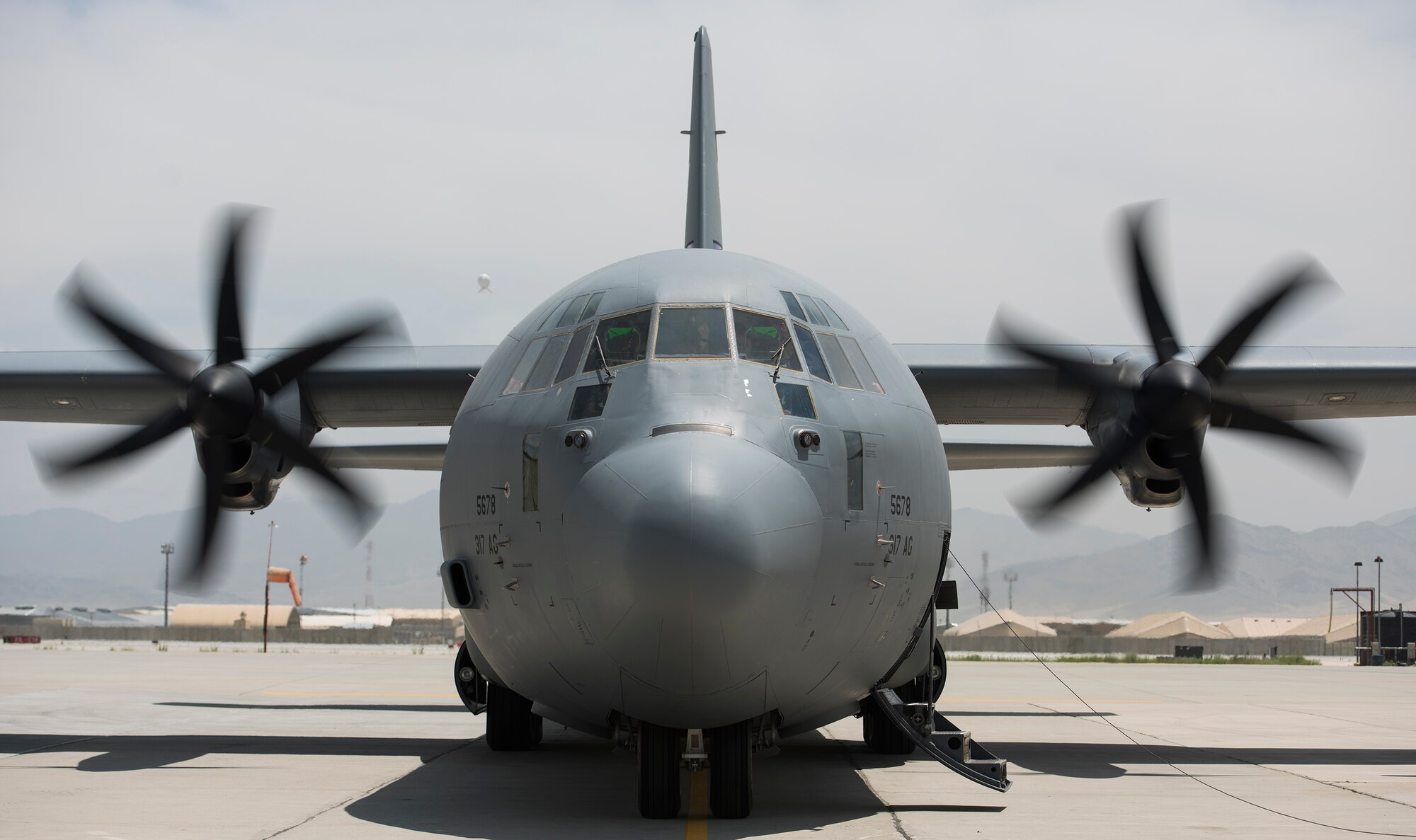 A C-130J Super Hercules, pilot by Col. Rebecca Sonkiss, prepares for takeoff at Bagram Airfield, Afghanistan, May 16, 2017. Sonkiss, the 455th Air Expeditionary Wing vice commander, conducted her fini flight out of Bagram Airfield. Sonkiss has more than 4,100 flying hours and has flown the EC-130H Compass Call and C-17 Globemaster III. (U.S. Air Force photo by Staff Sgt. Benjamin Gonsier)