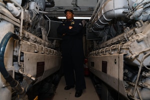 MANAMA, Bahrain (May 22, 2017) Lt. James O’Neal, a native of Pantego, N.C. and executive officer the Cyclone-class coastal patrol ship (PC) USS Whirlwind (PC 11), stands in the ship’s engine space. Whirlwind is one of 10 PCs forward deployed to Manama, Bahrain, whose mission is coastal patrol and interdiction surveillance. (U.S. Navy photo by Mass Communication Specialist 2nd Class Victoria Kinney)
