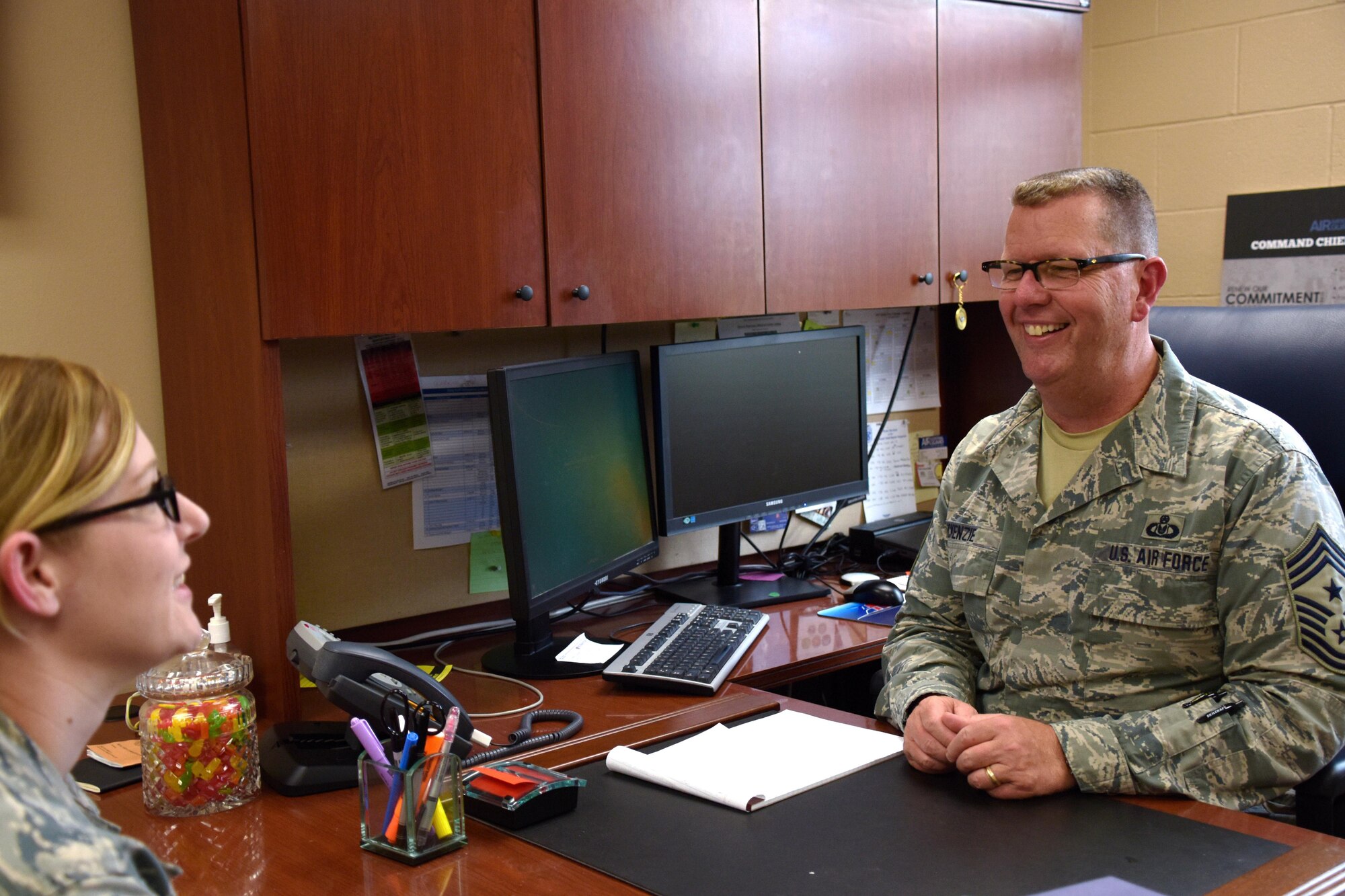 The outgoing 178th Wing Command Chief, Chief Master Sgt. Scott McKenzie, reflects on his nearly 37 years in the Air National Guard as he approaches retirement at Springfield Air National Guard Base in Ohio, May 26, 2017. McKenzie served as the 178th Command Chief for more than two years. (Ohio Air National Guard photo by Senior Airman Rachel Simones)